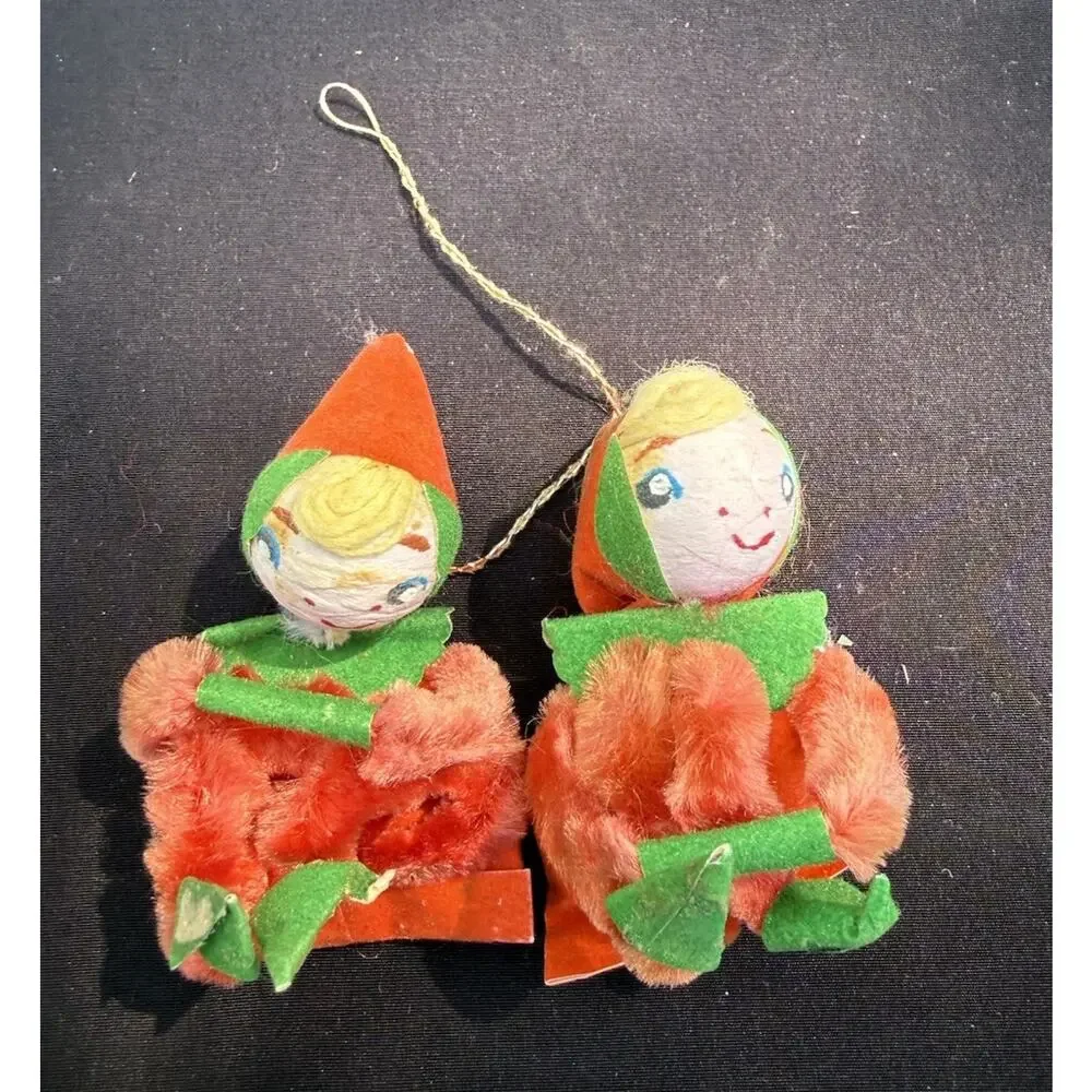 Felted Paper Elf Christmas Ornaments Pixie Chenille Spun Cotton Lot 2 -LO11/2